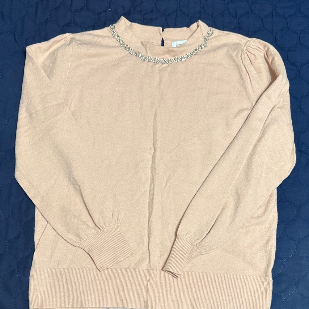 Liz Claiborne Cream Sweater with Embellished Neckline